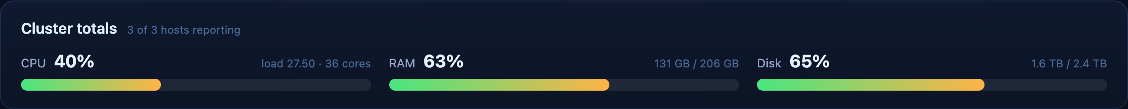 Cluster totals bar reading CPU 40 percent, load 27.5 across 36 cores, RAM 131 GB of 206 GB, disk 1.6 TB of 2.4 TB